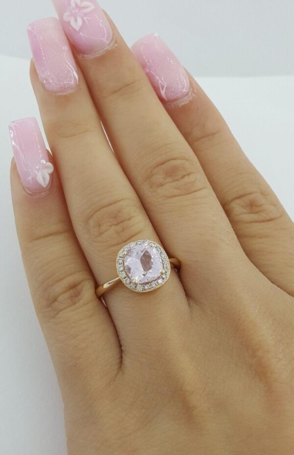 Cushion Cut Kunzite & Round Diamond 14K Rose Gold Halo Ring 1.7 ctw