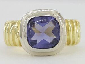 J Bohan Cushion Cab Tanzanite 18K Yellow & White Gold Ring 13 grams 1.6 ct