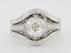 Antique Art Deco Old European Diamond Engagement Ring & Bands Platinum 0.97 ct