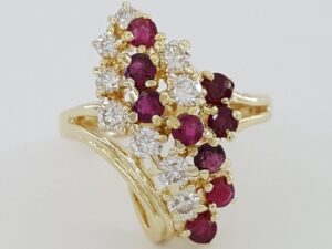 Vintage Round Cut Diamond & Red Ruby 1.4 ct Waterfall Statement Ring 14k Gold