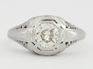 Art Deco Vintage 18k White Gold Old European 0.51 ct Diamond Engagement Ring GIA