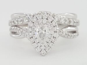 Pear Diamond Double Halo 1 ct Crossover 14k White Gold Engagement Ring Set