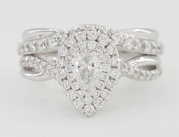 Pear Diamond Double Halo 1 ct Crossover 14k White Gold Engagement Ring Set