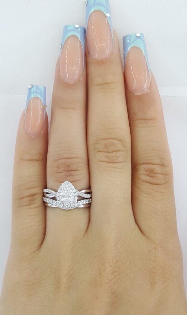 Pear Diamond Double Halo 1 ct Crossover 14k White Gold Engagement Ring Set