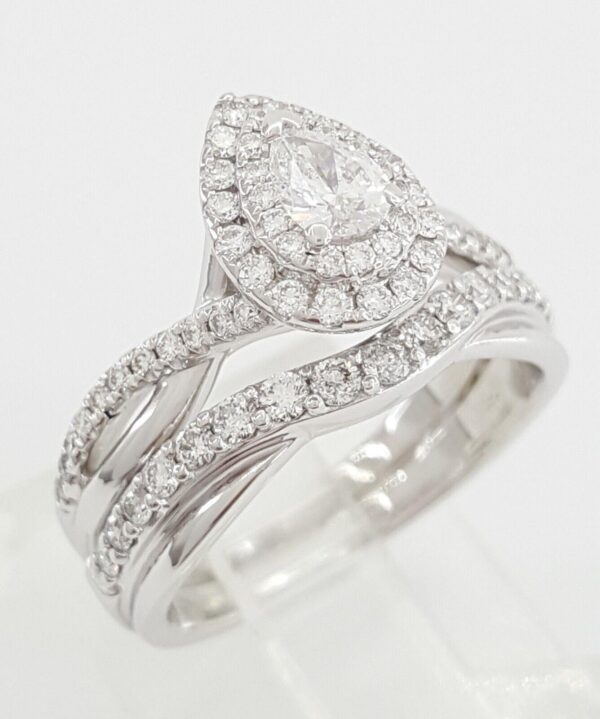 Pear Diamond Double Halo 1 ct Crossover 14k White Gold Engagement Ring Set
