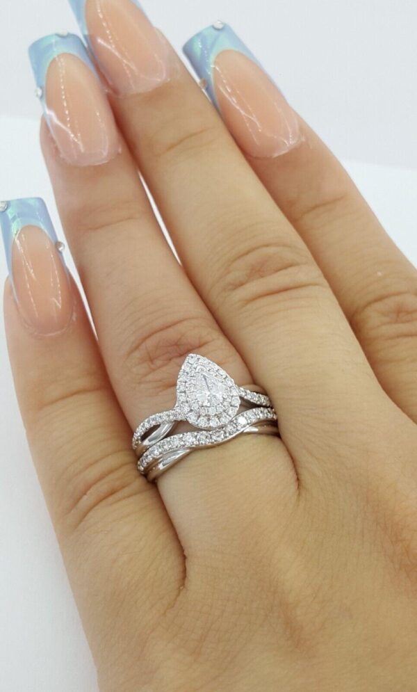 Pear Diamond Double Halo 1 ct Crossover 14k White Gold Engagement Ring Set