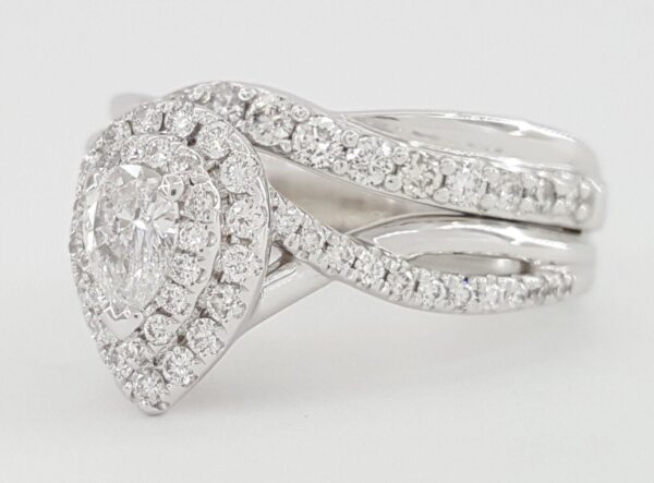Pear Diamond Double Halo 1 ct Crossover 14k White Gold Engagement Ring Set