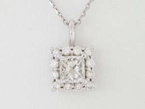 Princess Cut Diamond 0.76 ct Halo Pendant Necklace 14K White Gold