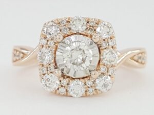 Round Diamond 0.95 ct Halo Crossover 14K Rose Gold Engagement Ring