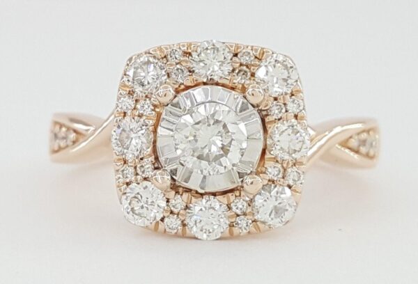 Round Diamond 0.95 ct Halo Crossover 14K Rose Gold Engagement Ring