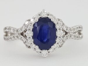 Oval Vivid Blue Sapphire Diamond 1.36 ct Halo 14k White Gold Engagement Ring