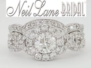 Neil Lane Round Diamond Halo 1.36 ct Crossover Engagement Ring & Band Set Rtl 4K