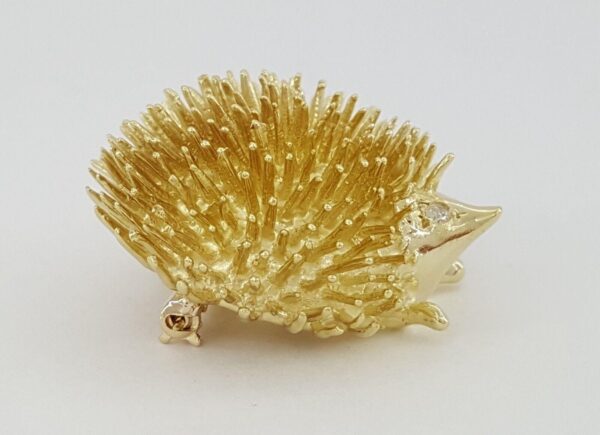 Vintage 14K Yellow Gold 0.06 ct Diamond Hedgehog Pin Brooch 13.5 grams 27mm