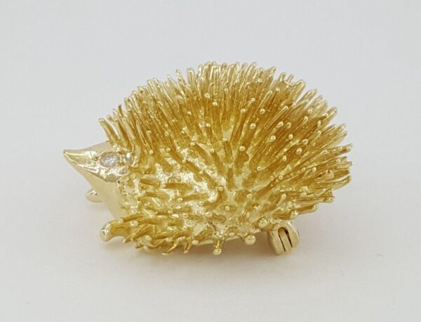 Vintage 14K Yellow Gold 0.06 ct Diamond Hedgehog Pin Brooch 13.5 grams 27mm