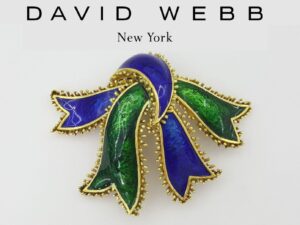 David Webb 18K Yellow Gold Blue & Green Enamel Bow Ribbon Brooch 36.2Gr