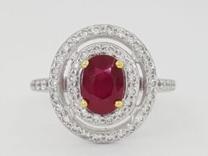 Oval Cut Ruby & Round Diamond Double Halo Engagement Ring 18k White Gold 1.9 ct