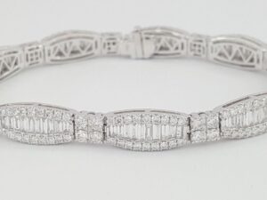 Round & Baguette Diamond Three Row Bracelet 6.95 ct 18k White Gold 7.25"