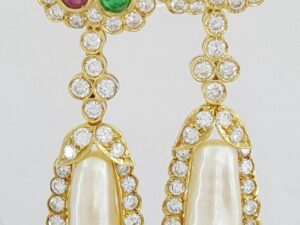 Vintage Diamond Pearl Ruby Emerald Sapphire 2.6 ct 18kt Gold Drop Earrings 14.4g