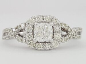 Cushion Diamond Halo Crossover Engagement Ring 14K White Gold 1 ct