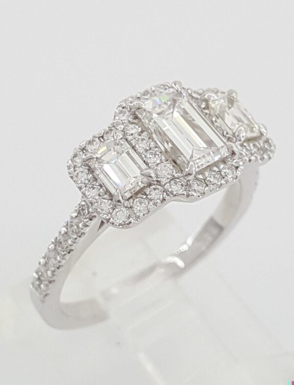 Emerald Cut Diamond Halo 3 Stone Engagement Ring 14K W Gold 1.63 ct GIA Rtl 10K