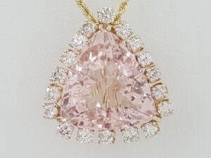 Morganite & Diamond Halo Necklace 16 ct Trillion Cut 14K Gold 20" Retail 12K