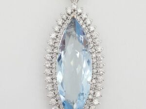 Marquise Cut Blue Aquamarine & Diamonds Halo 12.21 ct 14K Gold Pendant 8.4 Grams