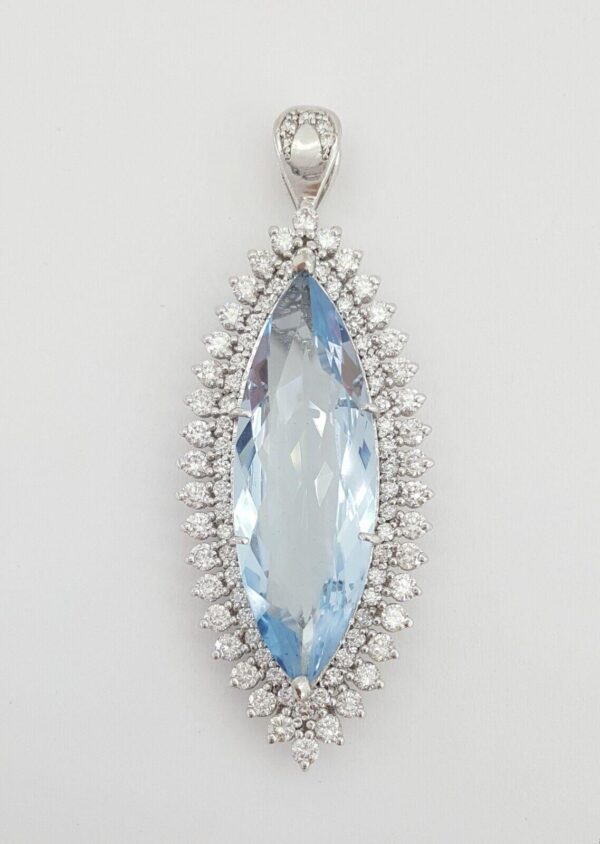 Marquise Cut Blue Aquamarine & Diamonds Halo 12.21 ct 14K Gold Pendant 8.4 Grams