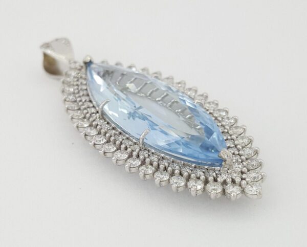 Marquise Cut Blue Aquamarine & Diamonds Halo 12.21 ct 14K Gold Pendant 8.4 Grams