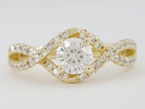 Round Cut Diamond Halo Crossover 14k Yellow Gold Engagement Ring 0.83 ct