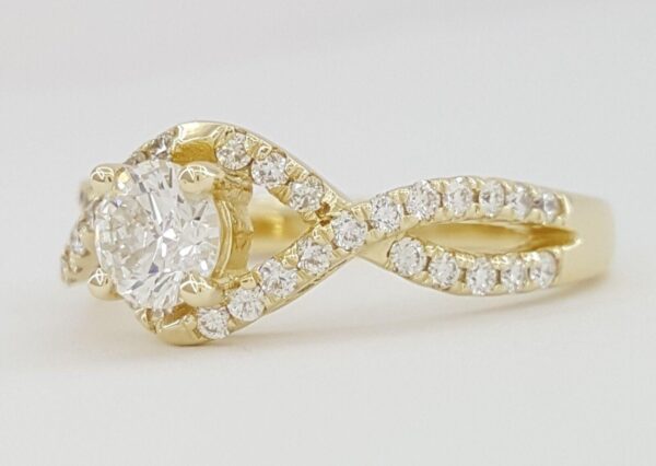 Round Cut Diamond Halo Crossover 14k Yellow Gold Engagement Ring 0.83 ct