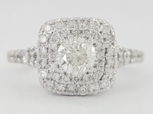 Round Diamond Double Halo Split Shank Engagement Ring 14k White Gold 0.82 ct