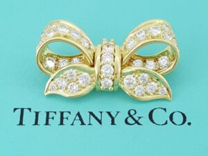 Vintage Tiffany & Co 1.71 ct Diamond Bow Ribbon Brooch Pin 18k Yellow Gold 1.1”