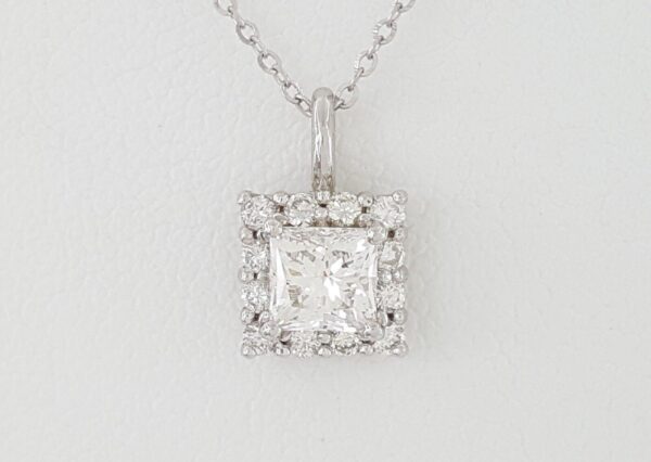 Princess Cut Diamond Halo Pendant Necklace 14K White Gold 1 ct Retail 5,500