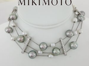 Mikimoto 7-11 mm South Sea Pearl 3-Strand 3.6 ct Diamond Choker Necklace 18K WG