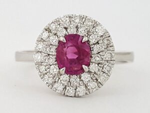 Oval Burma No Heat Ruby & Diamond Double Halo Ring in 18K White Gold 1.2 ct