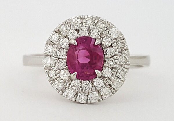 Oval Burma No Heat Ruby & Diamond Double Halo Ring in 18K White Gold 1.2 ct