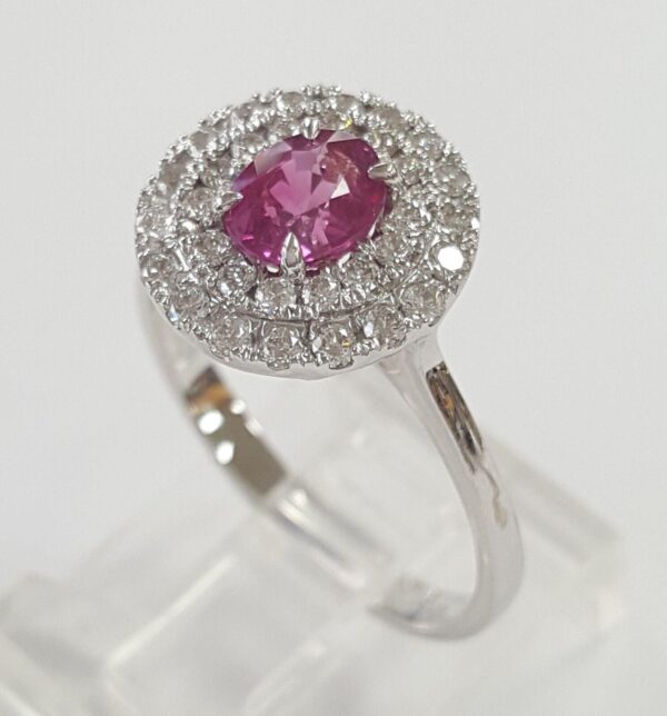 Oval Burma No Heat Ruby & Diamond Double Halo Ring in 18K White Gold 1.2 ct