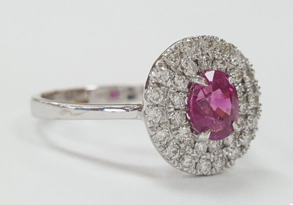 Oval Burma No Heat Ruby & Diamond Double Halo Ring in 18K White Gold 1.2 ct