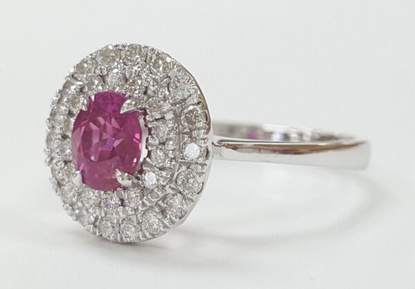 Oval Burma No Heat Ruby & Diamond Double Halo Ring in 18K White Gold 1.2 ct