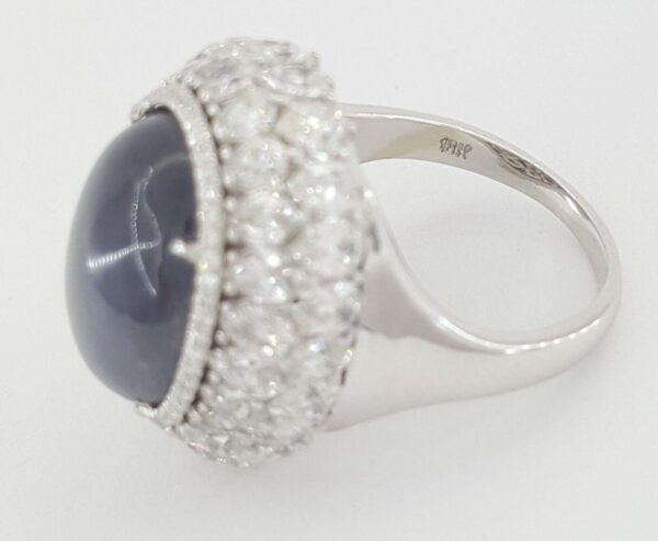 Oval Cabochon Star Sapphire & Diamond Statement Ring 21 ct 18K W Gold