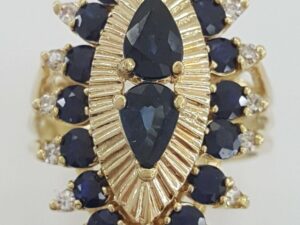 Vintage 14K Gold ~0.25 ct Single Cut Diamonds ~3 ct Blue Sapphire Statement Ring