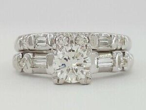 Round & Baguette Cut Diamond Engagement Ring Set 0.75 ct 14K Gold and Platinum