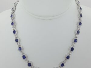 Natural Diamonds & Sapphire Halo Necklace 36.9 grams 16" 18K White Gold 25.65 ct