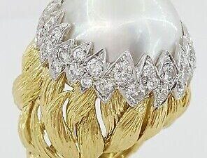 Vintage DAVID WEBB Pearl & 2 ct Round Cut Diamond Pave 18K Gold Platinum Ring