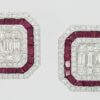18k White Gold 3.39 ct Round & Baguette Diamond Ruby Halo Stud Earrings 12gm