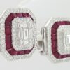 18k White Gold 3.39 ct Round & Baguette Diamond Ruby Halo Stud Earrings 12gm