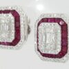 18k White Gold 3.39 ct Round & Baguette Diamond Ruby Halo Stud Earrings 12gm