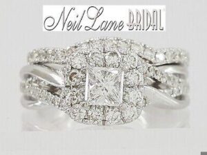 Neil Lane 14K Princess Diamond Double Halo Crossover 1 ct Engagement Ring Set