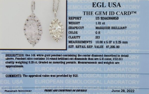 1.29 ct 14K White Gold Marquise Cut Diamond Halo Necklace 18" Retail 7,500