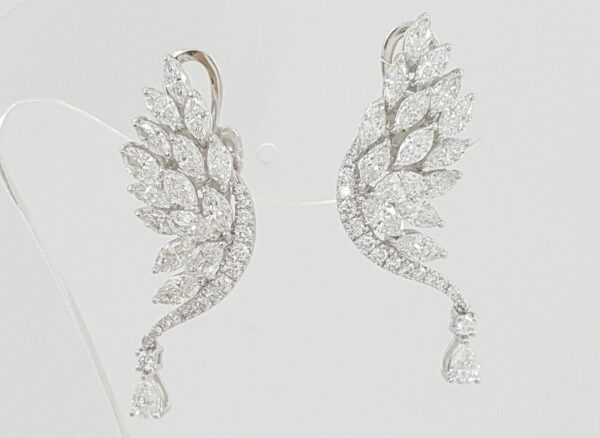 Marquise Round Pear Diamond Angel Wing Climber Dangle Earrings 3.6 ct 18K W Gold